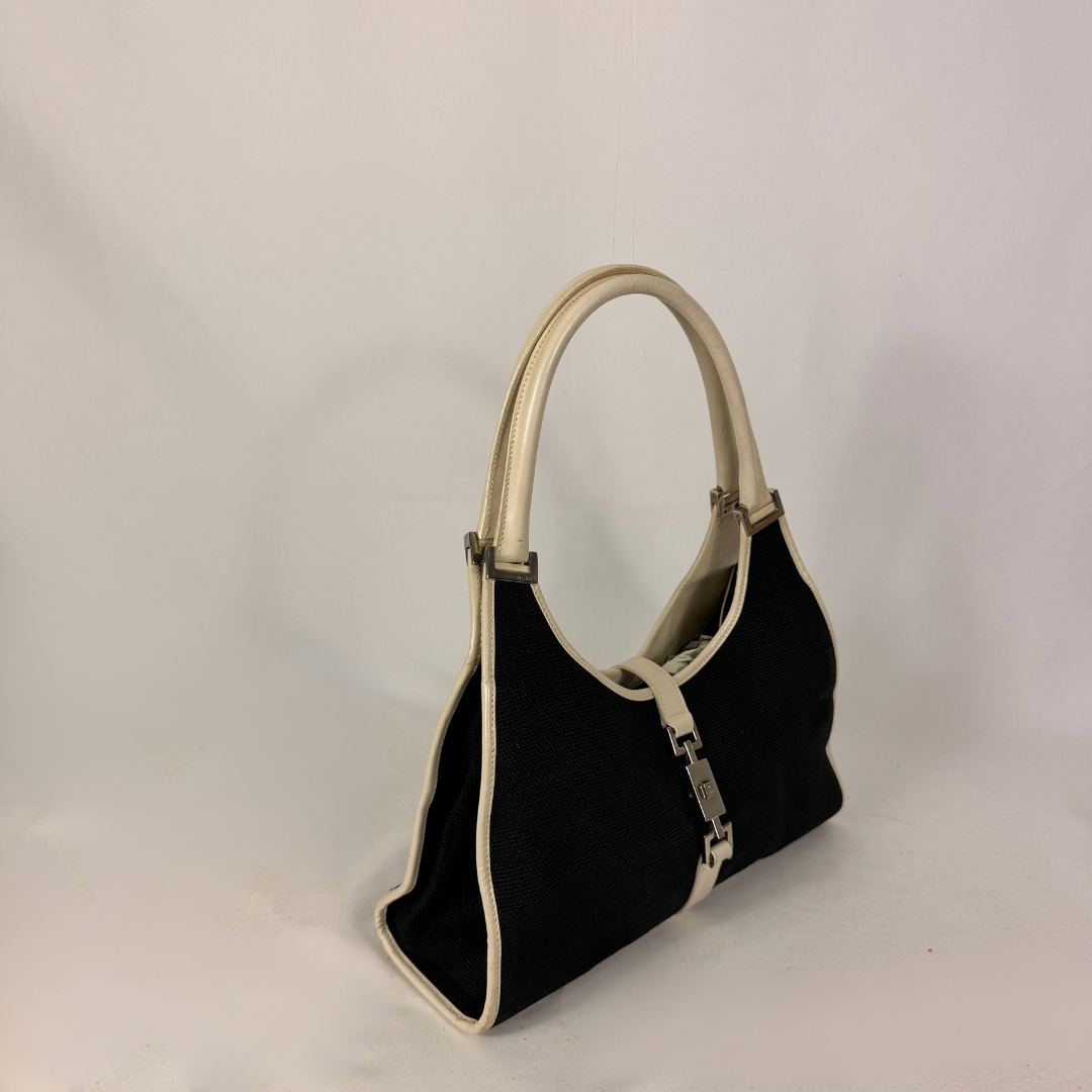 Gucci Jackie Shoulder Bag Black Canvas & White Leather