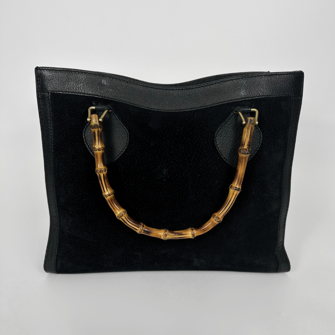 Black handbag with gold bamboo handles on a white background