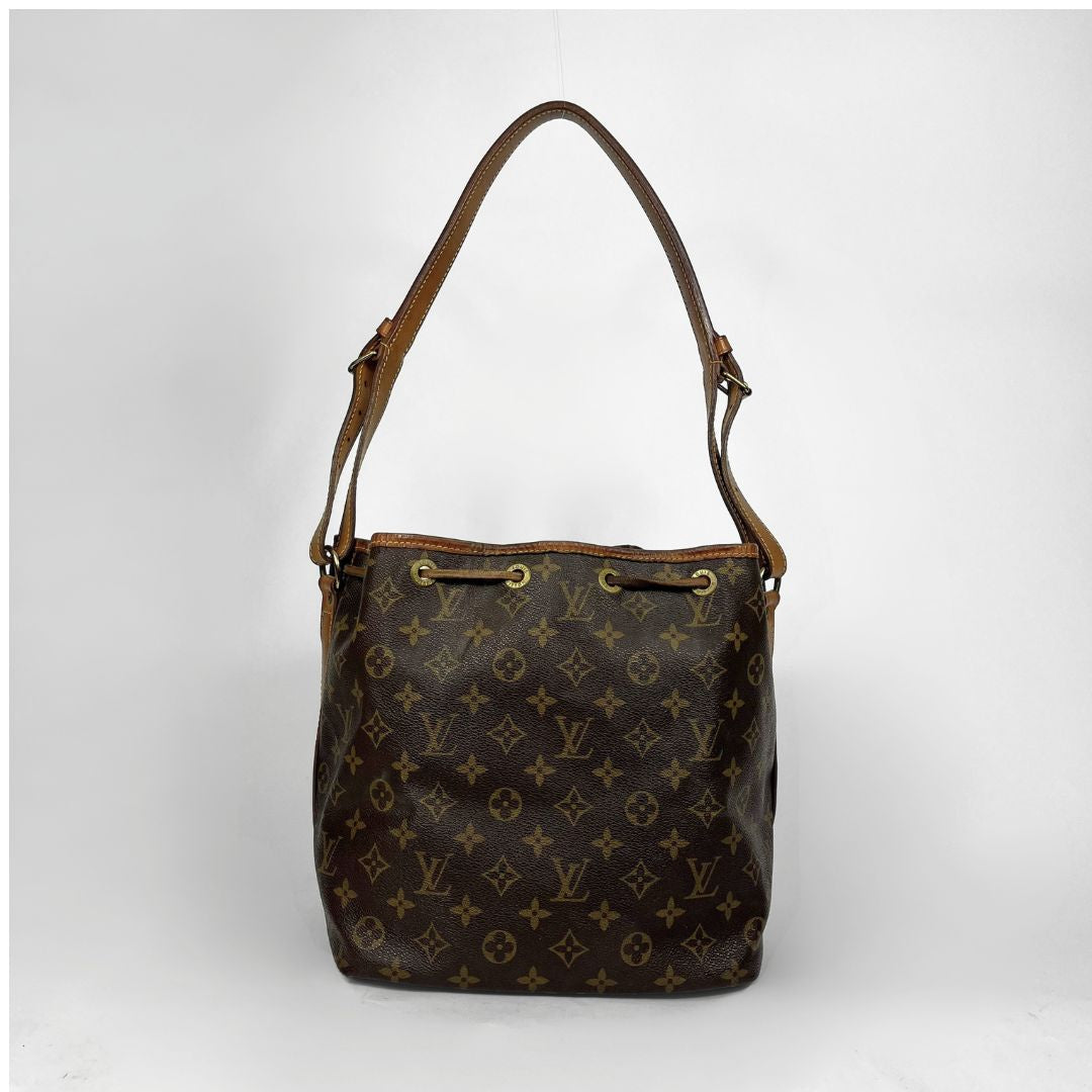 A Louis Vuitton monogram canvas shoulder bag in dark brown with gold-tone hardware, shown against a plain light gray background.