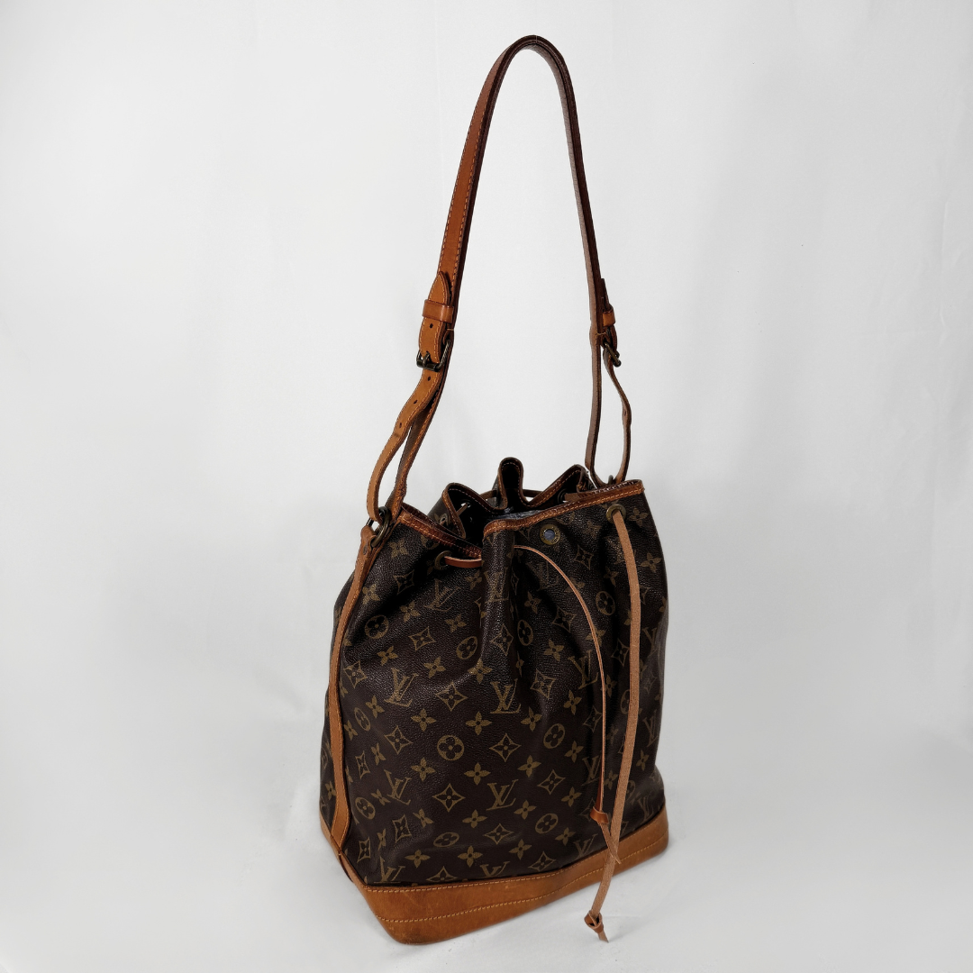 A Louis Vuitton monogram canvas bucket bag with brown leather trim and a single shoulder strap, photographed against a plain white background.