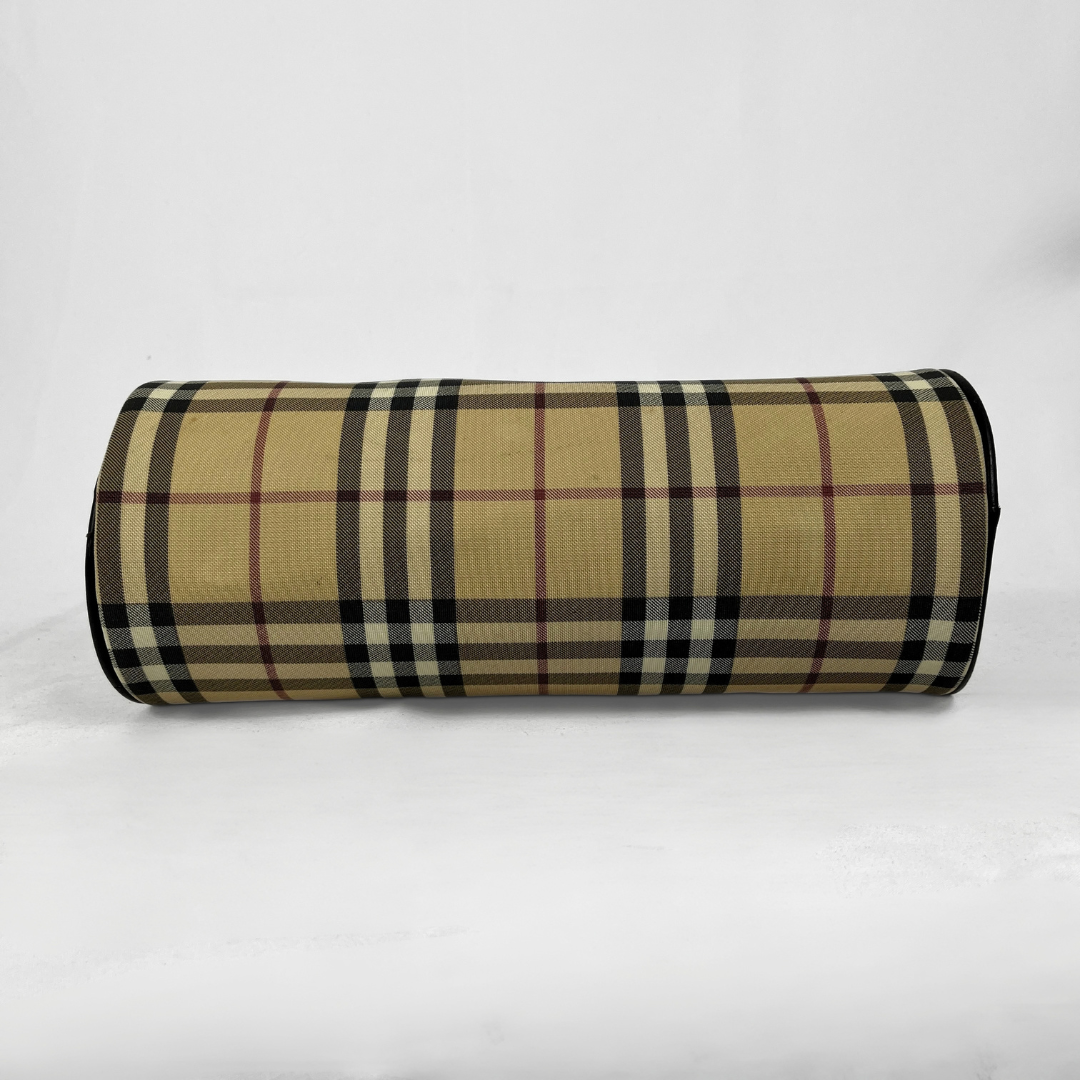 Burberry Mini Barrel handbag in the iconic beige House Check canvas with brown leather trims and details, displayed on a light grey background.