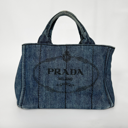 Blue denim handbag with Prada logo on a white background