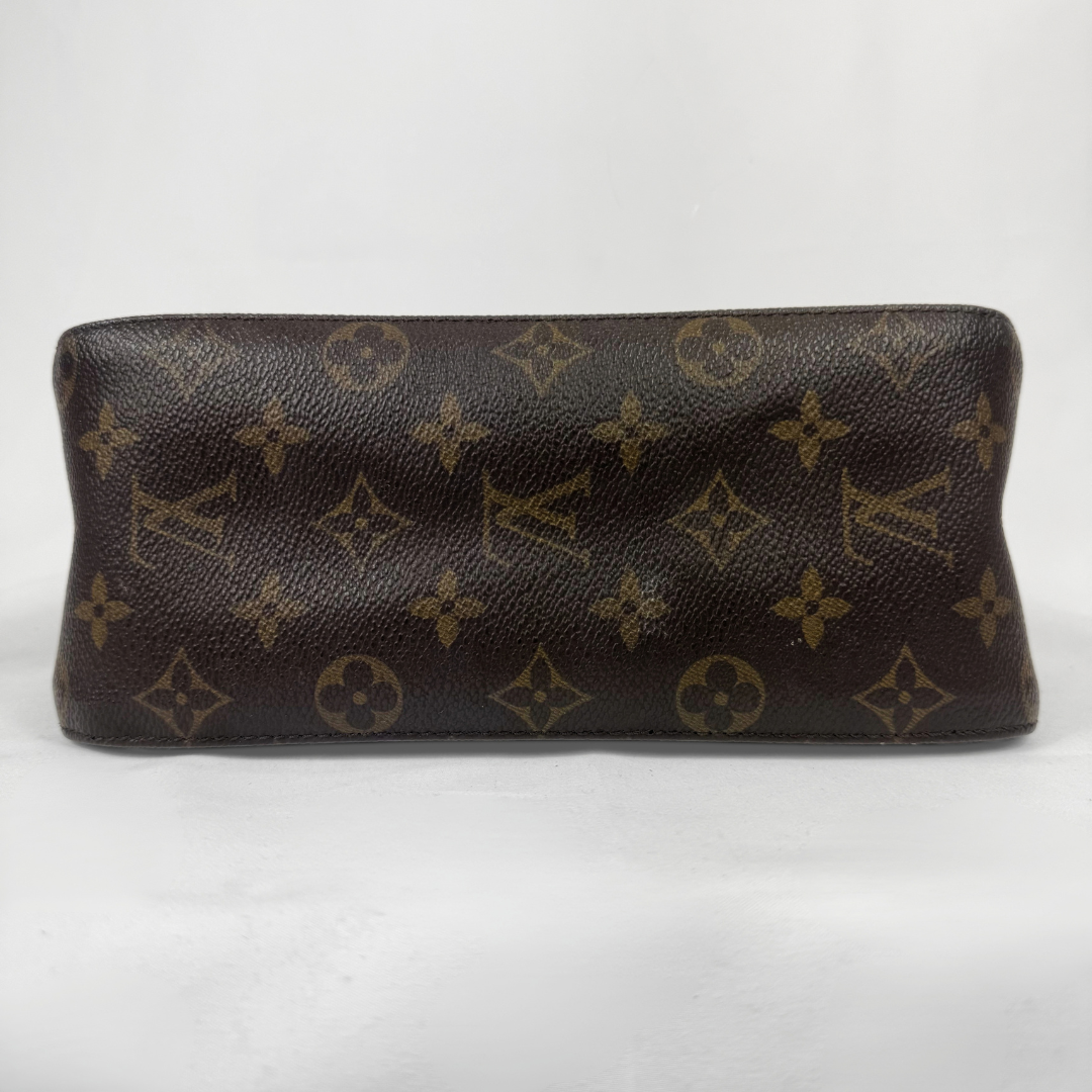 A Louis Vuitton monogram canvas zippered pouch in dark brown with tan monogram motifs, photographed against a light gray background.