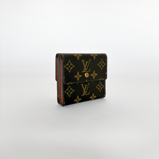 Louis Vuitton wallet with monogram pattern on a white background