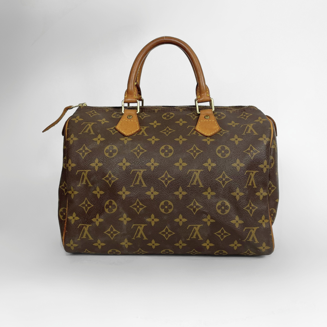 A Louis Vuitton monogram canvas Speedy handbag in dark brown with tan leather handles and gold-tone hardware, photographed against a neutral light gray background.