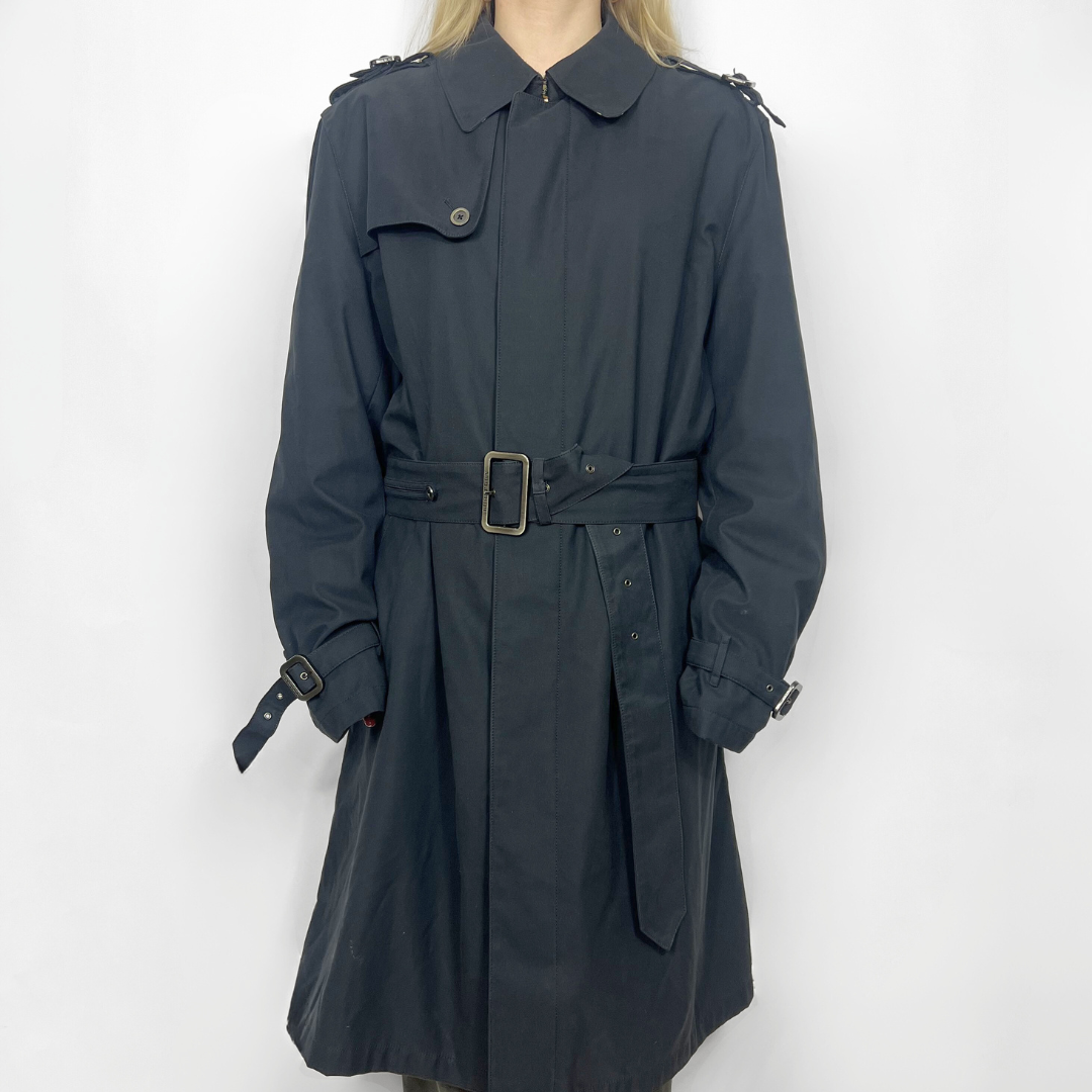 Dark gray trench coat with a belt on a white background