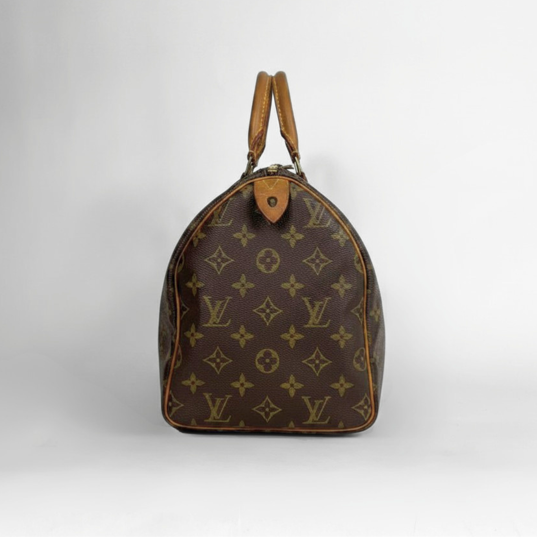 A Louis Vuitton monogram canvas Speedy bag in dark brown with tan leather handles and trim, photographed against a neutral light gray background.