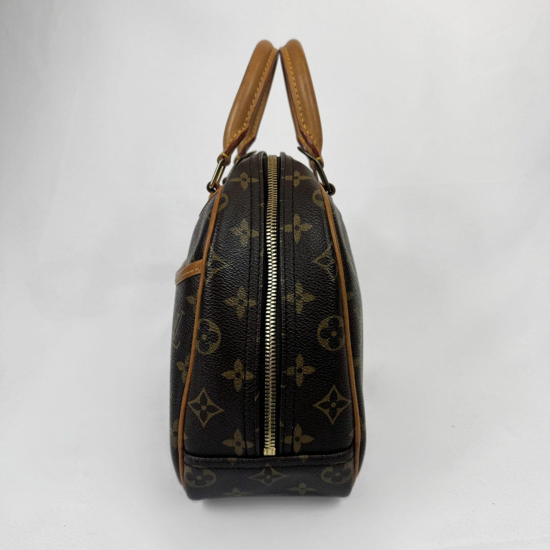 Louis Vuitton monogram canvas Speedy bag with tan leather handles and trim, shown from the side against a white background.