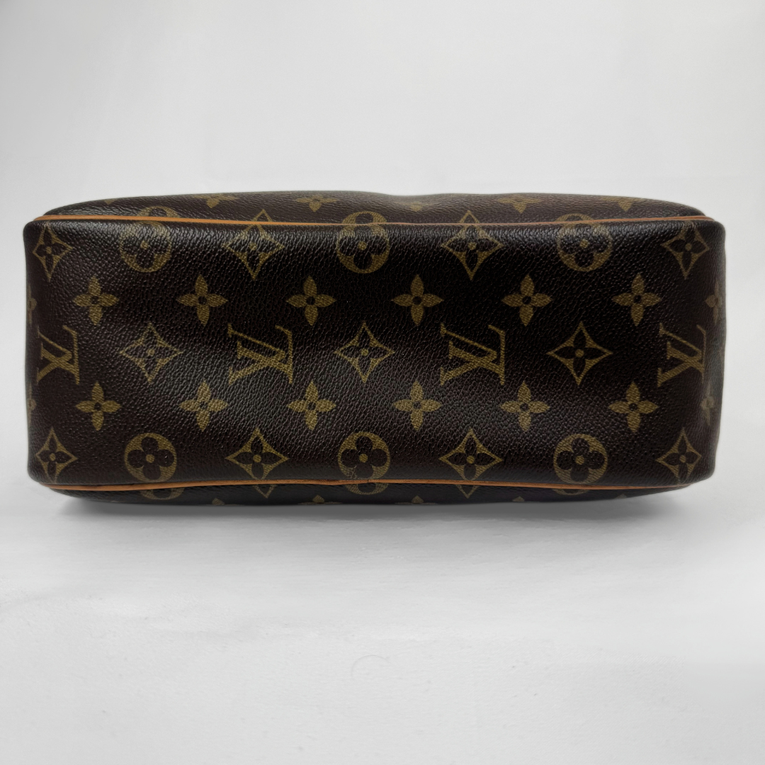 Louis Vuitton monogram canvas handbag base or pouch in dark brown coated canvas with tan monogram motifs, photographed against a light gray studio background.