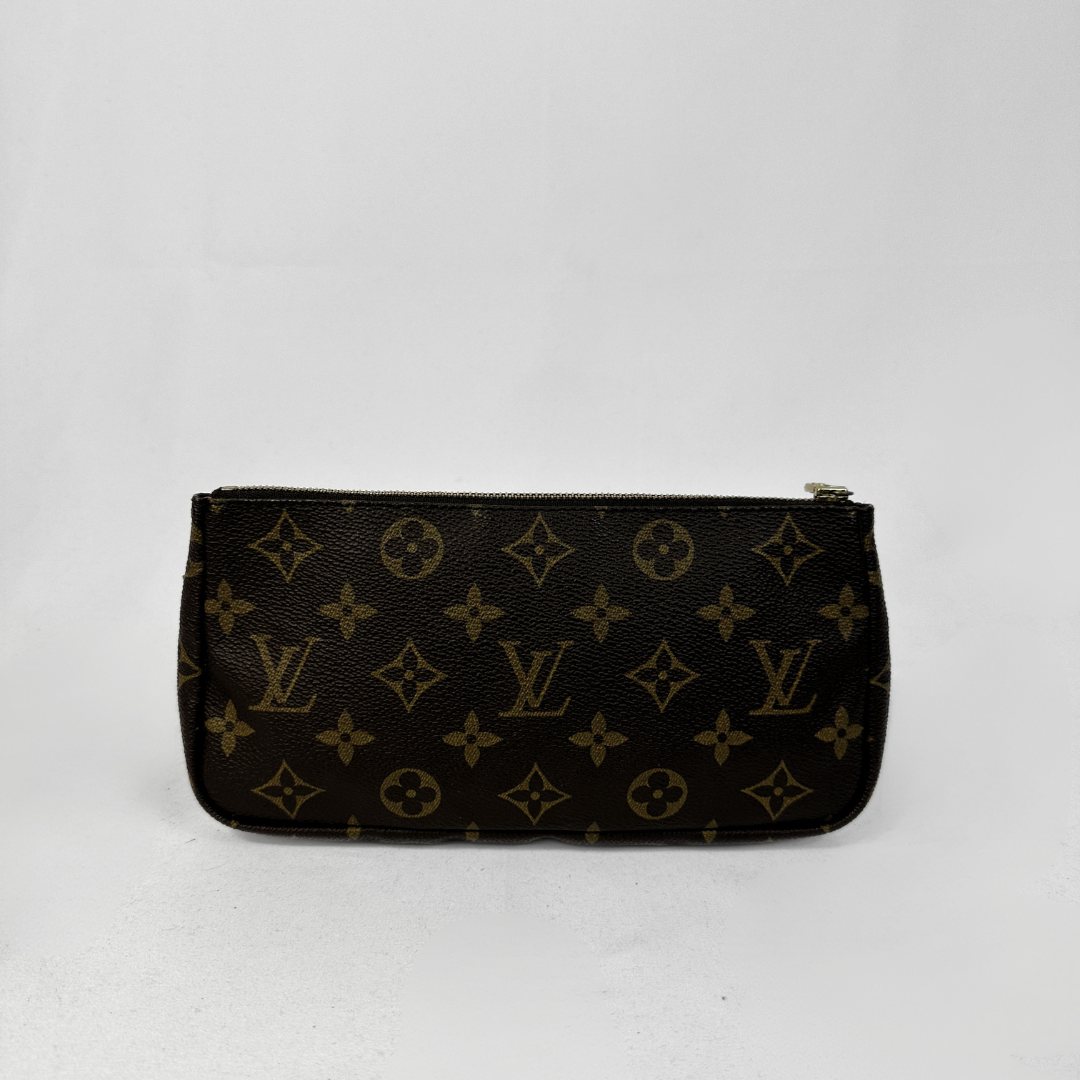 Louis Vuitton monogram canvas pouch in dark brown with gold-tone hardware, photographed against a plain light gray background.