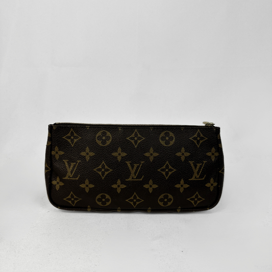 Louis Vuitton monogram canvas pouch in dark brown with gold-tone hardware, photographed against a plain light gray background.