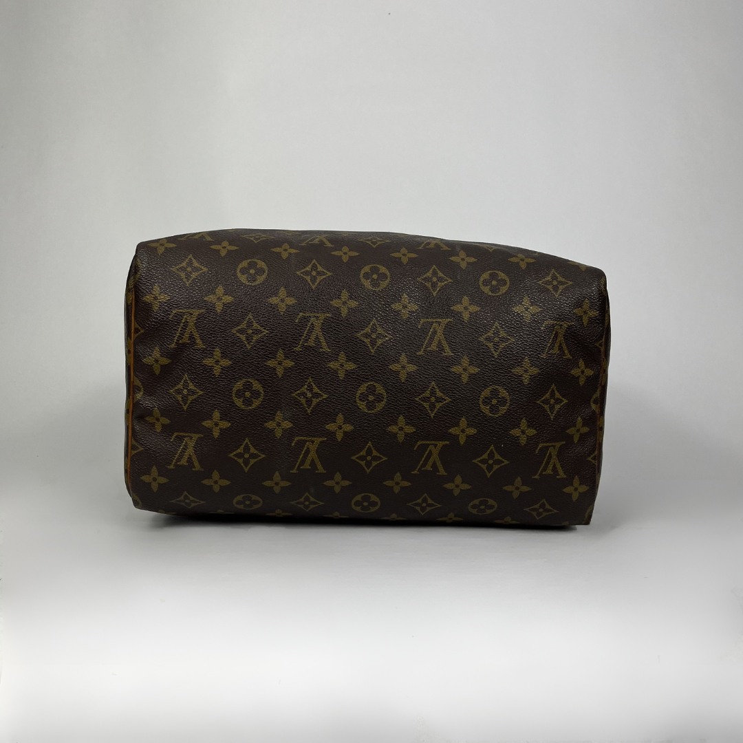 Louis Vuitton monogram speedy bag in dark brown with tan printed logos, photographed against a neutral light gray background.