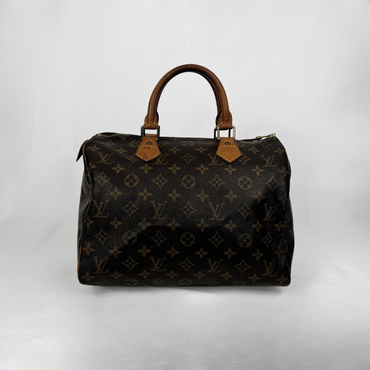 A Louis Vuitton monogram canvas Speedy handbag in dark brown with tan leather handles and trim, photographed against a light gray studio background.