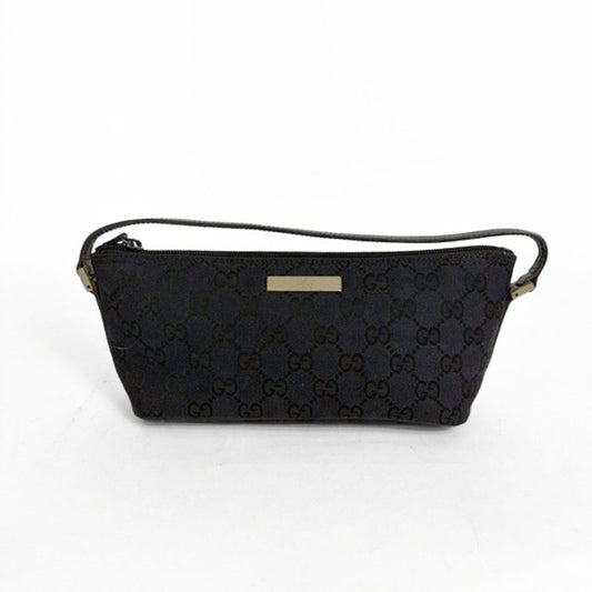 Black quilted handbag with brand logo on a white background