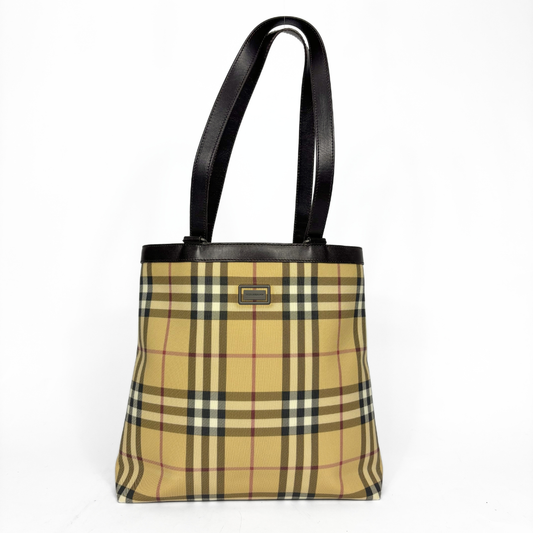 Beige checkered tote bag with black handle on a white background