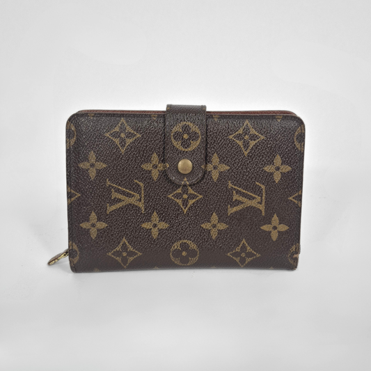 Louis Vuitton wallet with monogram pattern on a white background