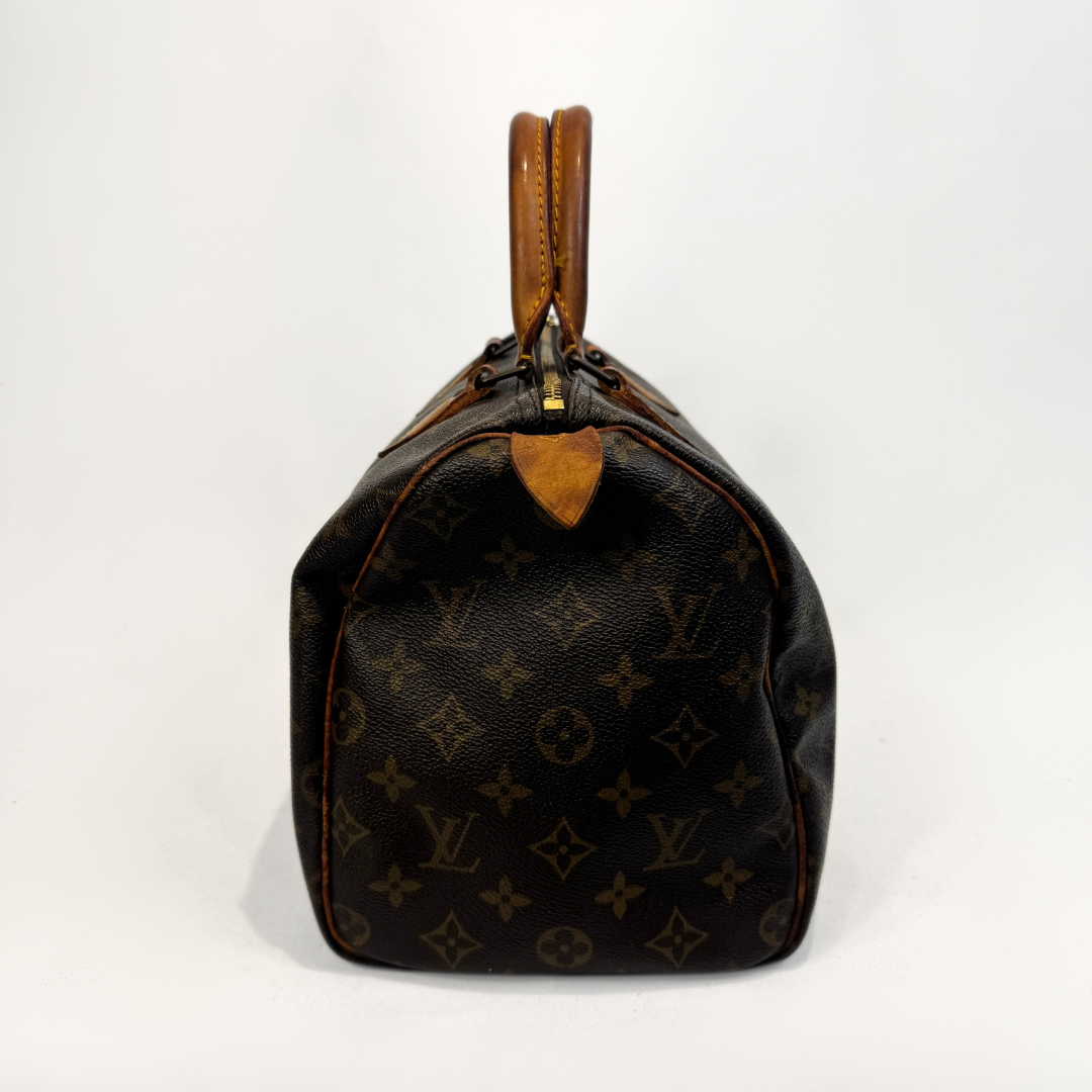 A Louis Vuitton monogram canvas Speedy bag shown from the back, featuring dark brown coated canvas with the classic tan monogram pattern and brown leather trim and handles, set against a plain white background.