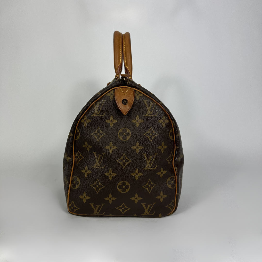 A Louis Vuitton monogram canvas Speedy bag in dark brown with tan leather trim and handles, photographed against a neutral light gray background.
