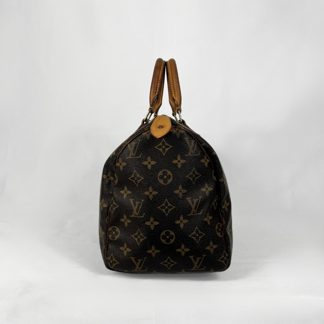 A Louis Vuitton monogram canvas Speedy handbag in dark brown with tan leather handles and trim, photographed against a light gray studio background.