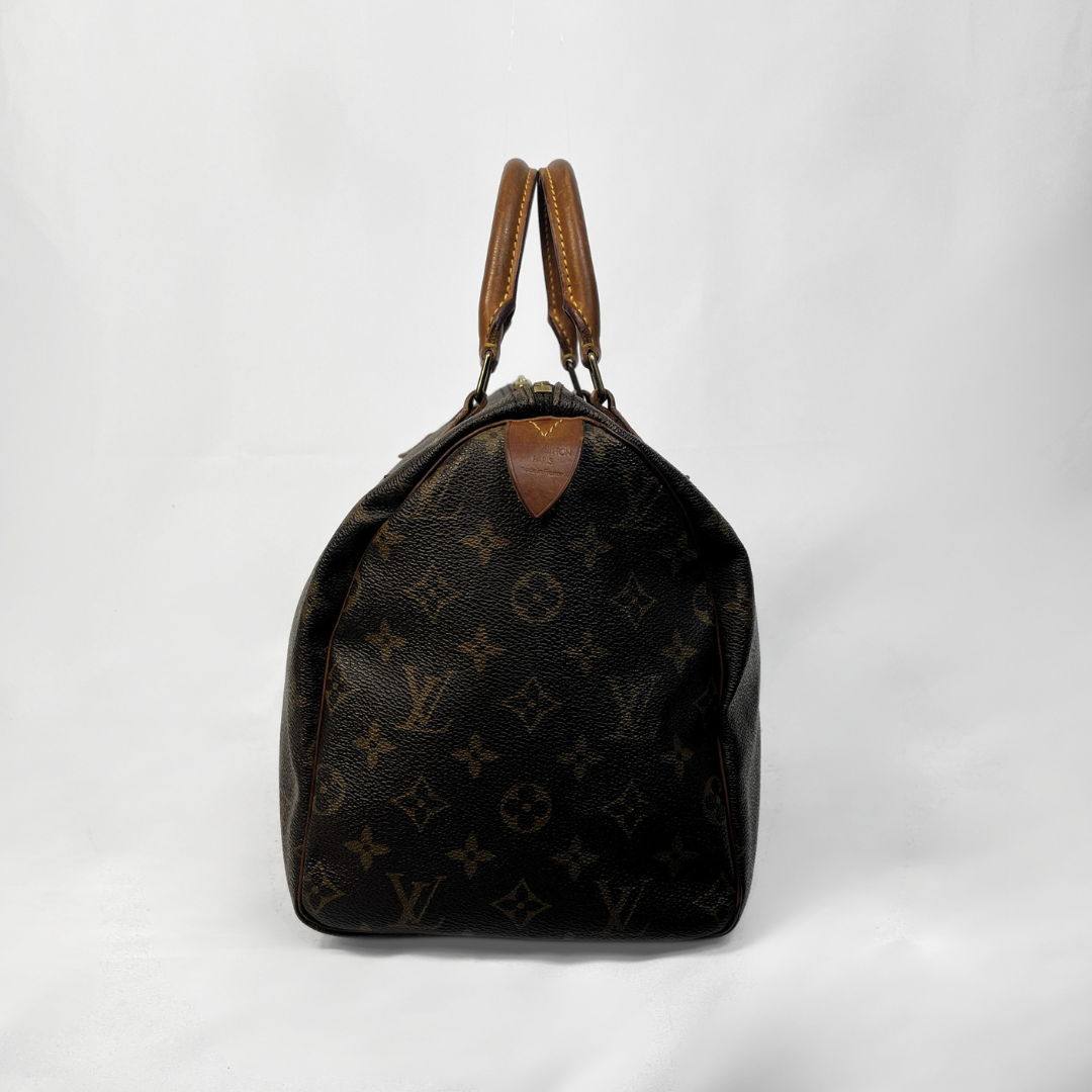 A Louis Vuitton monogram canvas Speedy bag with brown leather handles, photographed against a white studio background.