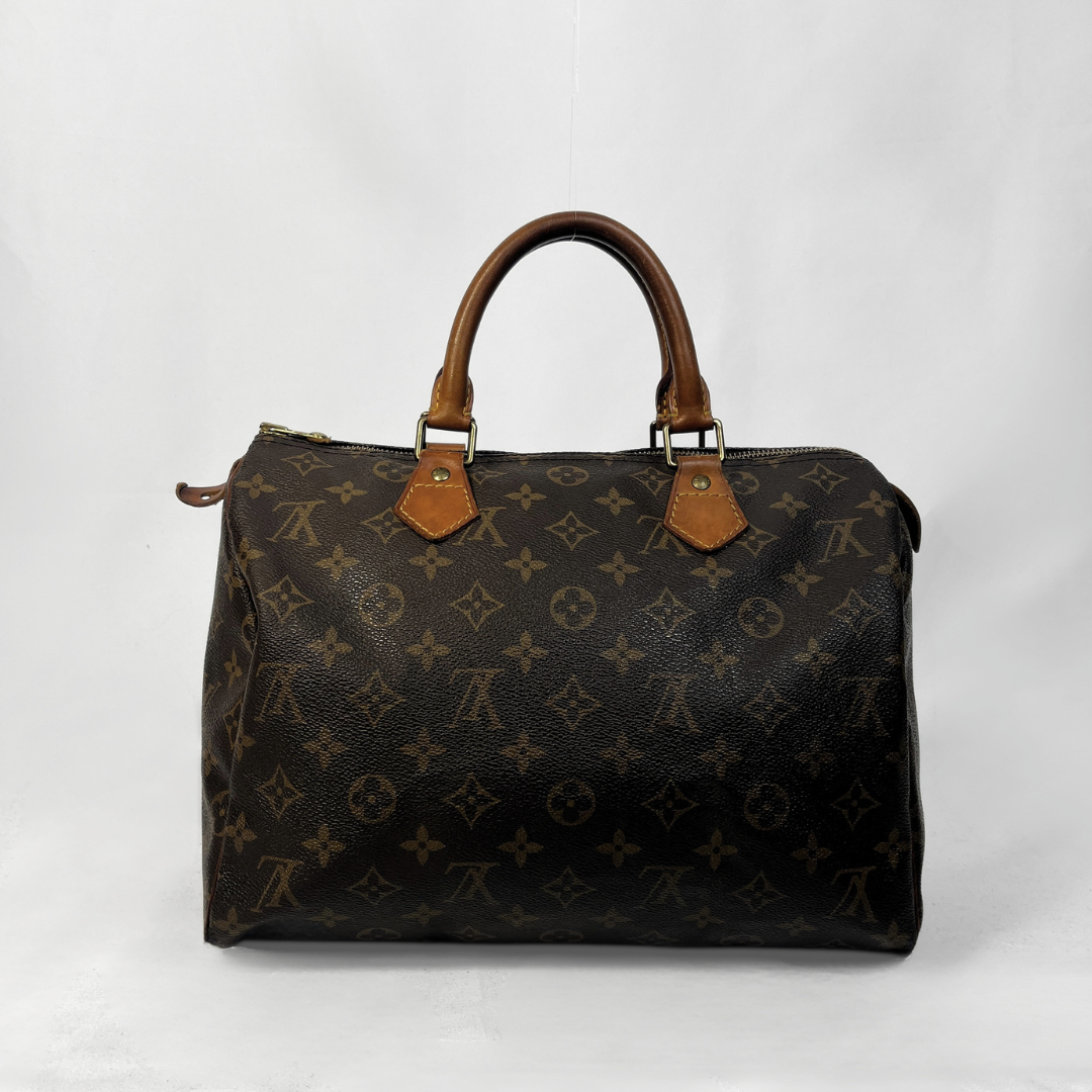 A Louis Vuitton monogram canvas Speedy handbag with brown leather handles and trim, photographed against a plain white background.