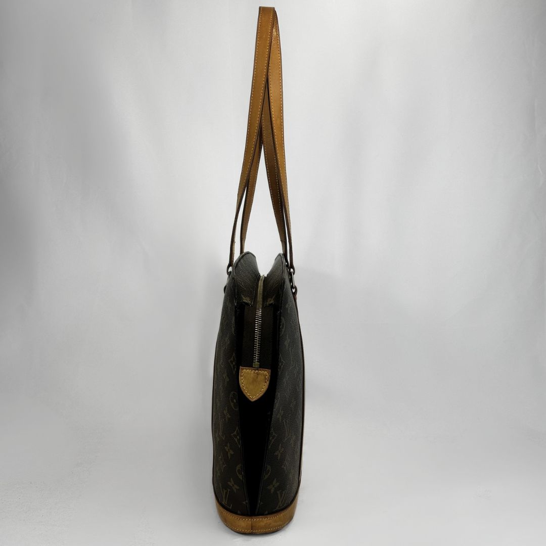 A Louis Vuitton shoulder bag in dark brown monogram canvas with tan leather trim and strap, shown from the side against a white studio background.