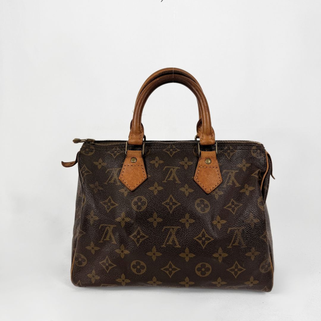 A classic Louis Vuitton monogram canvas handbag with brown leather top handles and trim, photographed against a plain white background.
