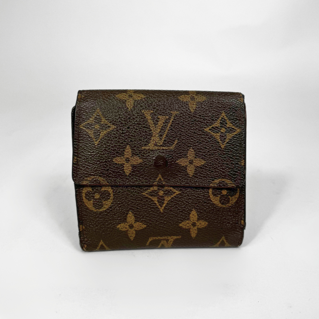Brown wallet with monogram pattern on a white background