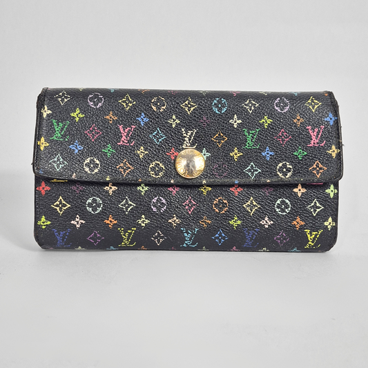Black wallet with multicolor logo pattern on a gray background