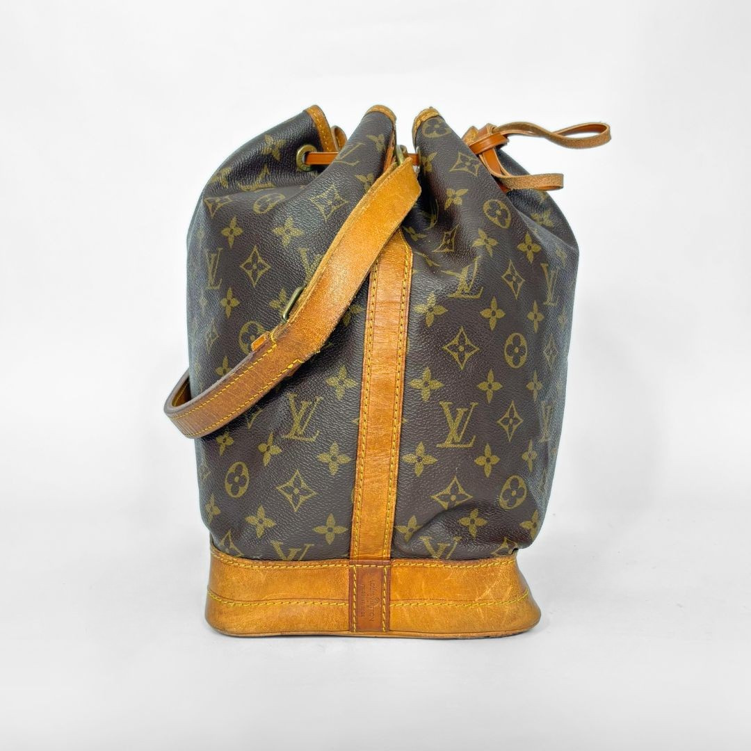 Brown monogram LV handbag with tan leather accents on a white background