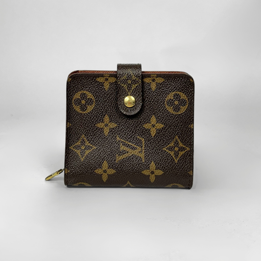 Brown wallet with gold monogram pattern on a white background