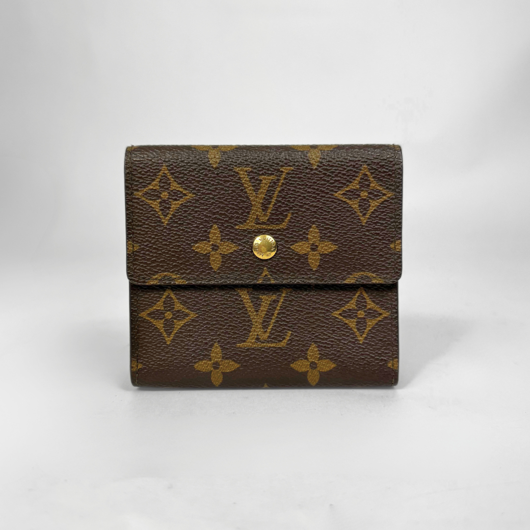 Brown wallet with gold monogram pattern on a white background