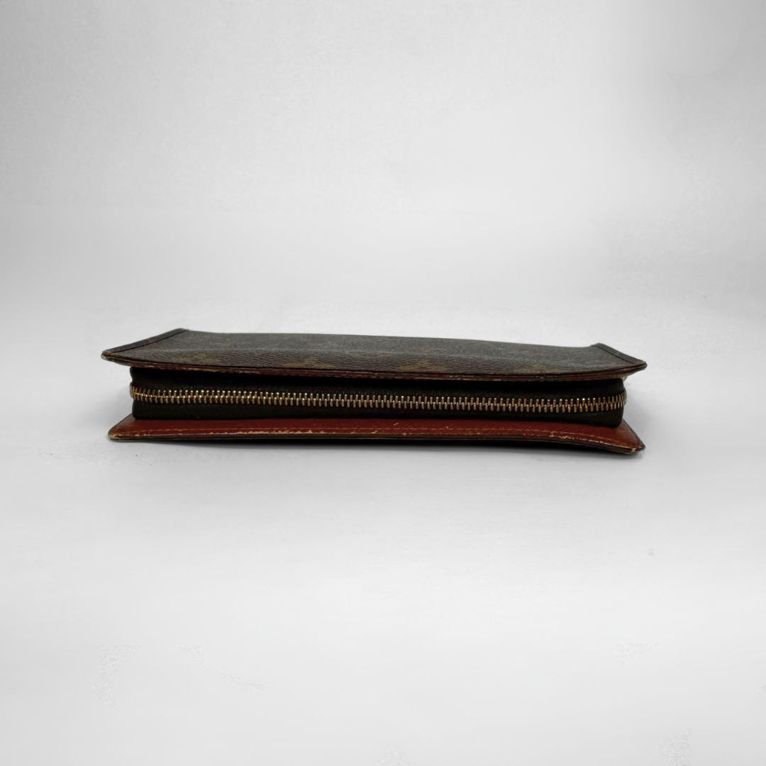 Brown leather wallet with gold zipper on a white background