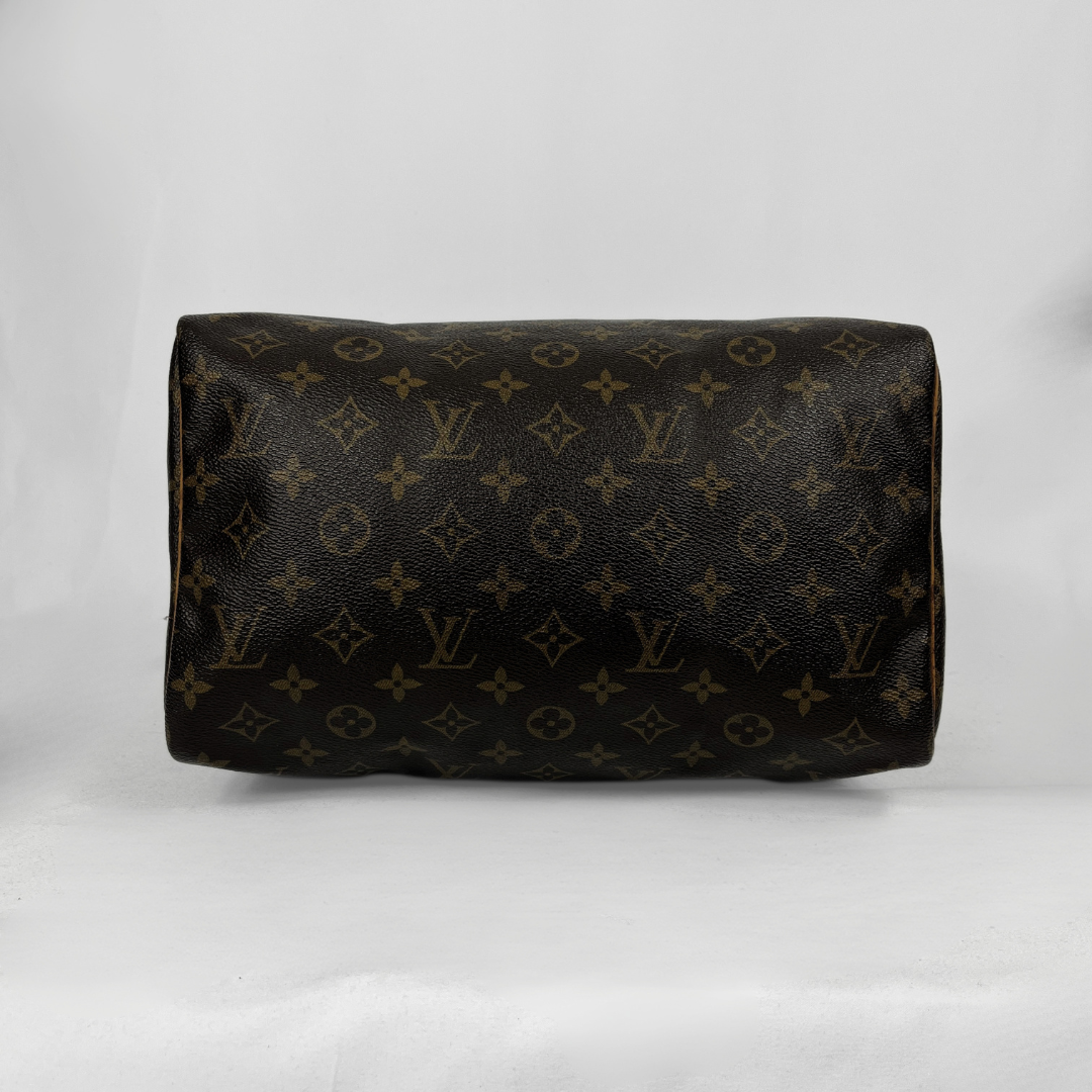 A Louis Vuitton monogram canvas Speedy handbag in dark brown with tan leather handles and trim, photographed against a light gray studio background.