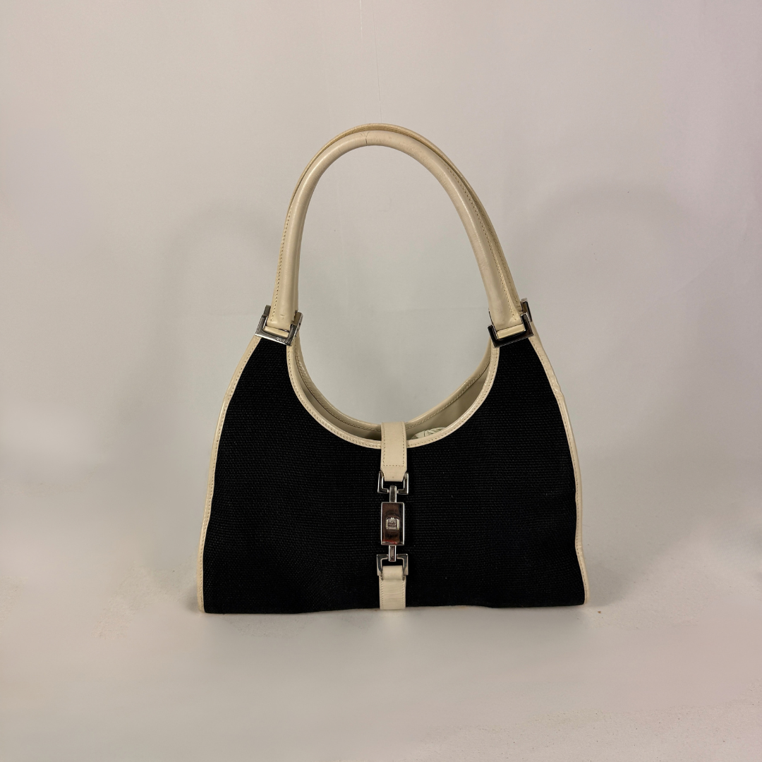 Gucci Jackie Shoulder Bag Black Canvas & White Leather