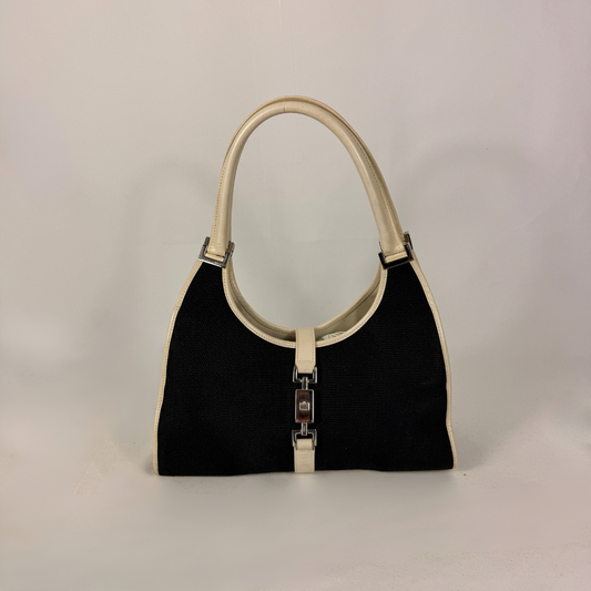 Gucci Jackie Shoulder Bag Black Canvas & White Leather