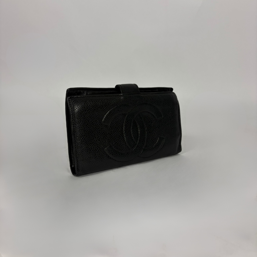 Chanel CC French Long Wallet in Black Caviar Leather